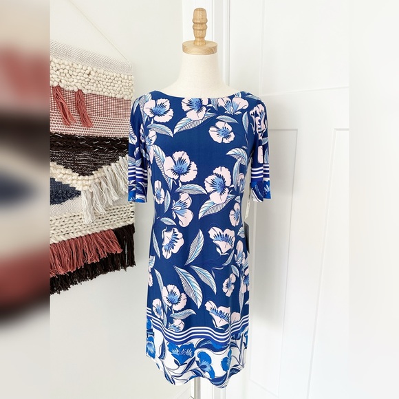 Eliza J Short Sleeve Floral Stretch Jersey Shift Dress Blue Size 6 Petite NWT - Picture 1 of 11
